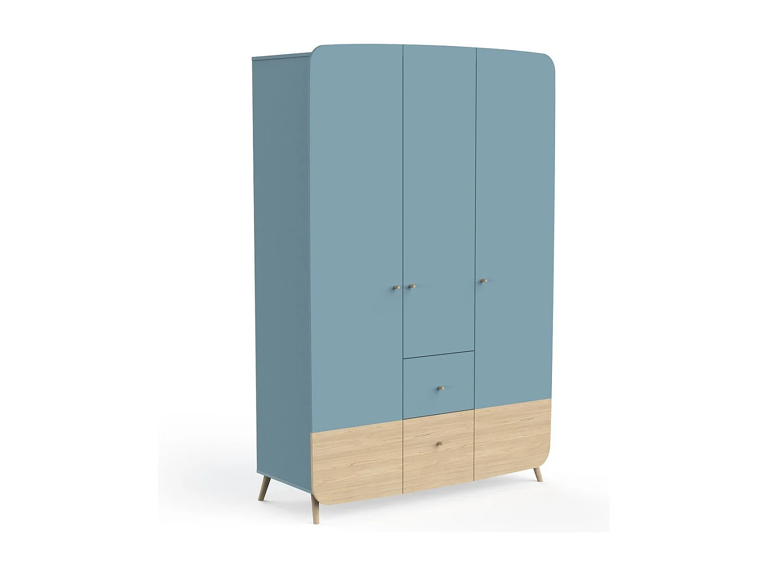 Armoire 3 portes et 4 tiroirs bleu orage et décor bois naturel - FIRMIANA