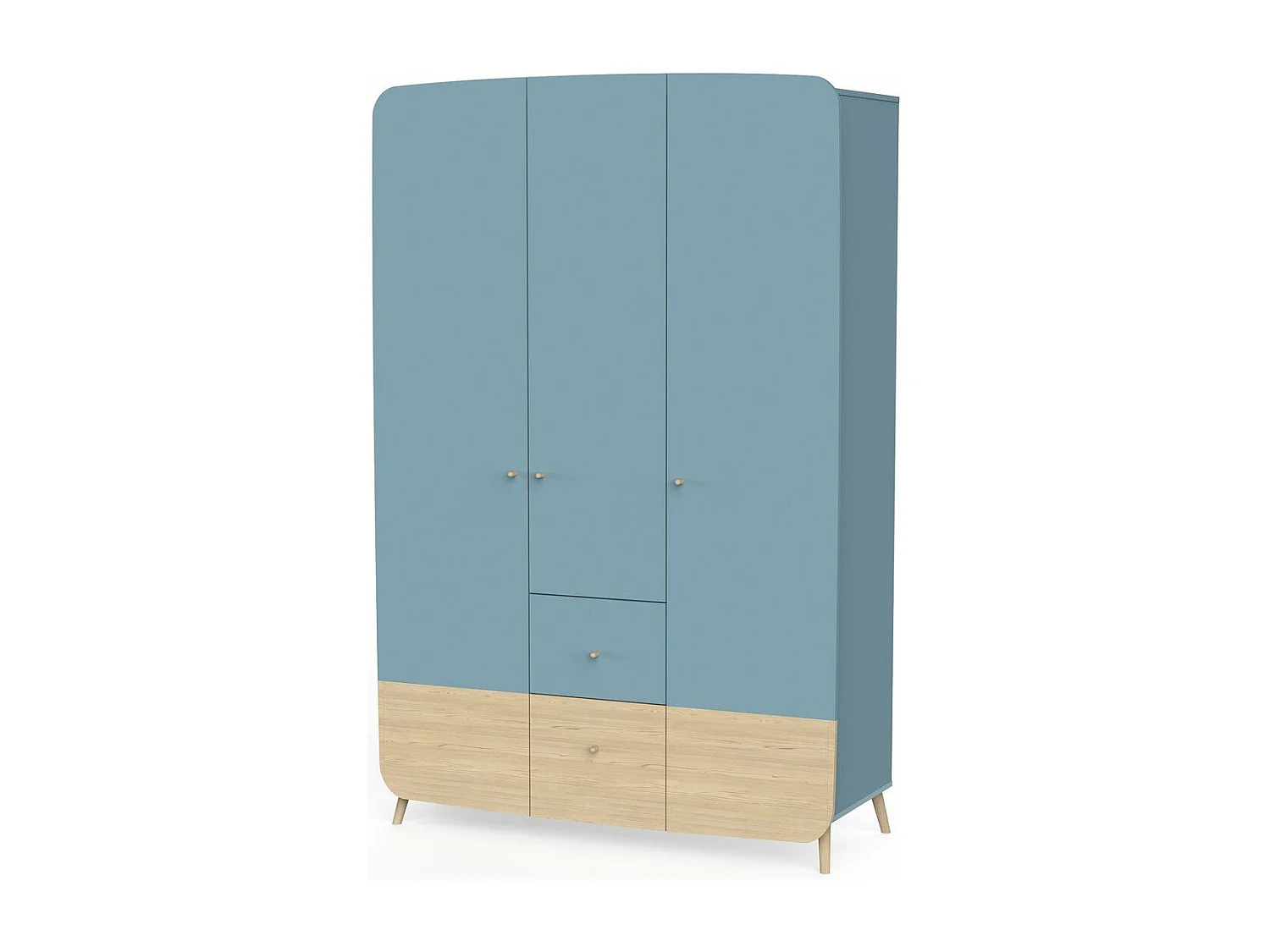 Armoire 3 portes et 4 tiroirs bleu orage et décor bois naturel - FIRMIANA