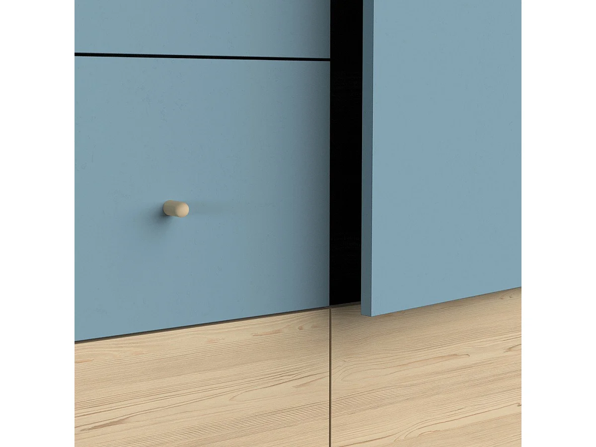 Armoire 3 portes et 4 tiroirs bleu orage et décor bois naturel - FIRMIANA