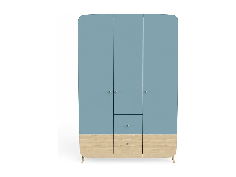 Armoire 3 portes et 4 tiroirs bleu orage et décor bois naturel - FIRMIANA