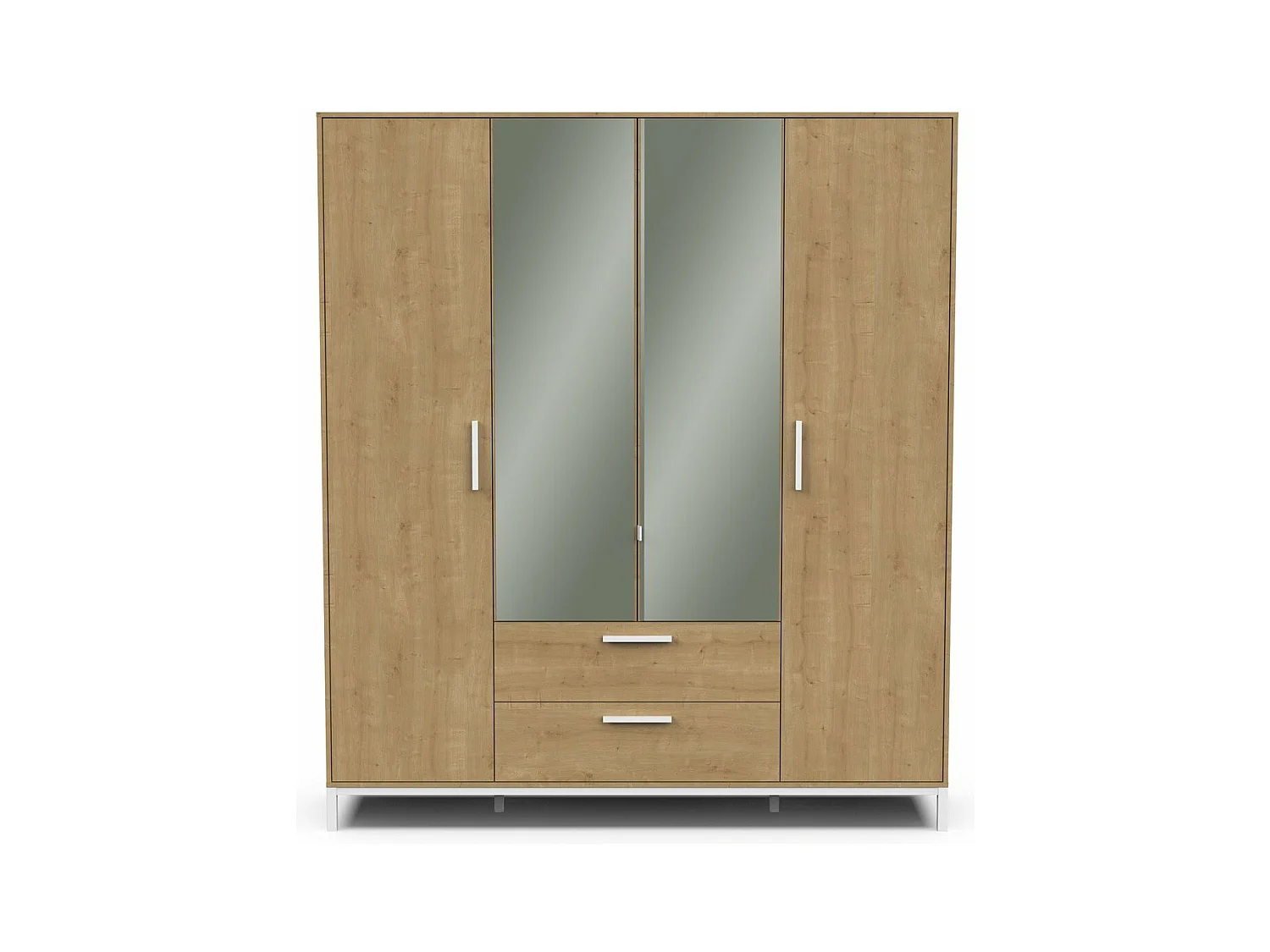 Armoire 4 portes ouvrantes, 2 miroirs et 2 tiroirs décor chêne et blanc mat H220 cm - CRAFT