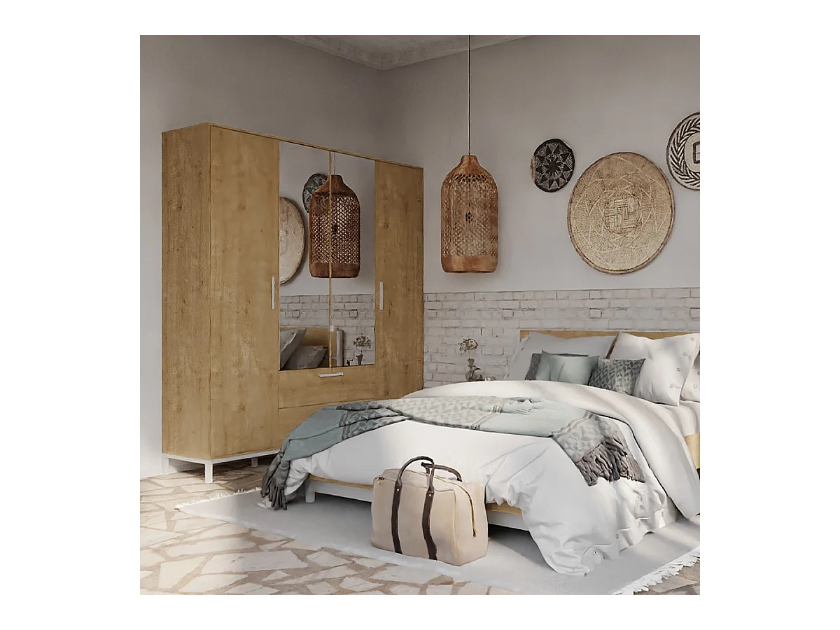 Armoire 4 portes ouvrantes, 2 miroirs et 2 tiroirs décor chêne et blanc mat H220 cm - CRAFT