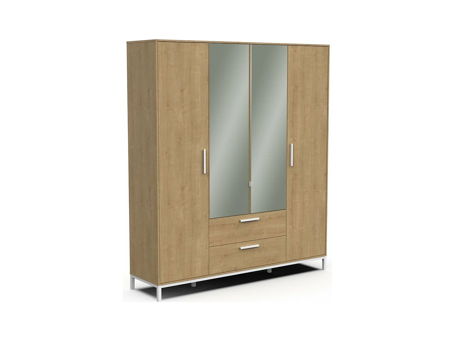Armoire 4 portes ouvrantes, 2 miroirs et 2 tiroirs décor chêne et blanc mat H220 cm - CRAFT