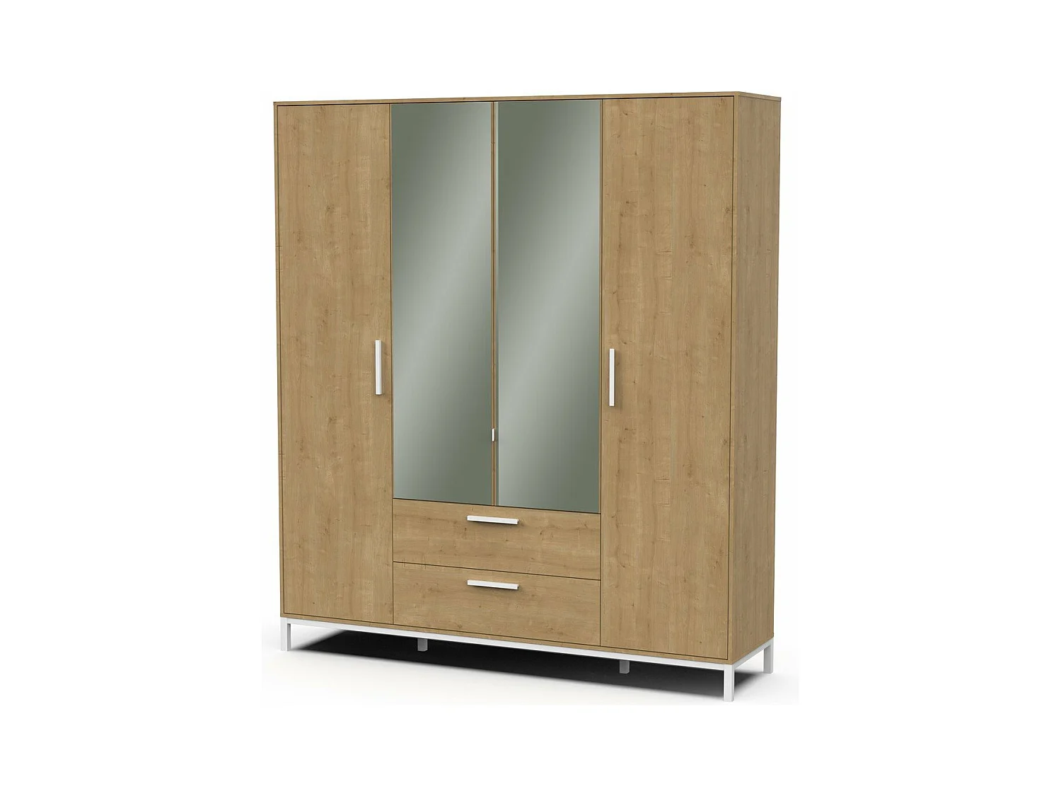 Armoire 4 portes ouvrantes, 2 miroirs et 2 tiroirs décor chêne et blanc mat H220 cm - CRAFT