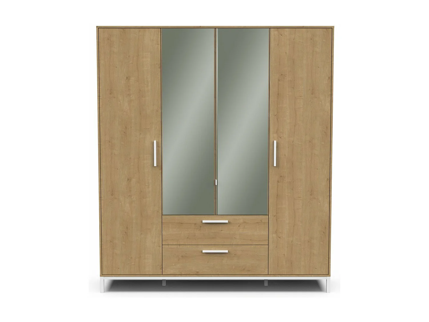 Kleiderschrank 4 Drehtüren, 2 Spiegel und 2 Schubladen Eiche- und Weißdekor matt H220 cm - CRAFT