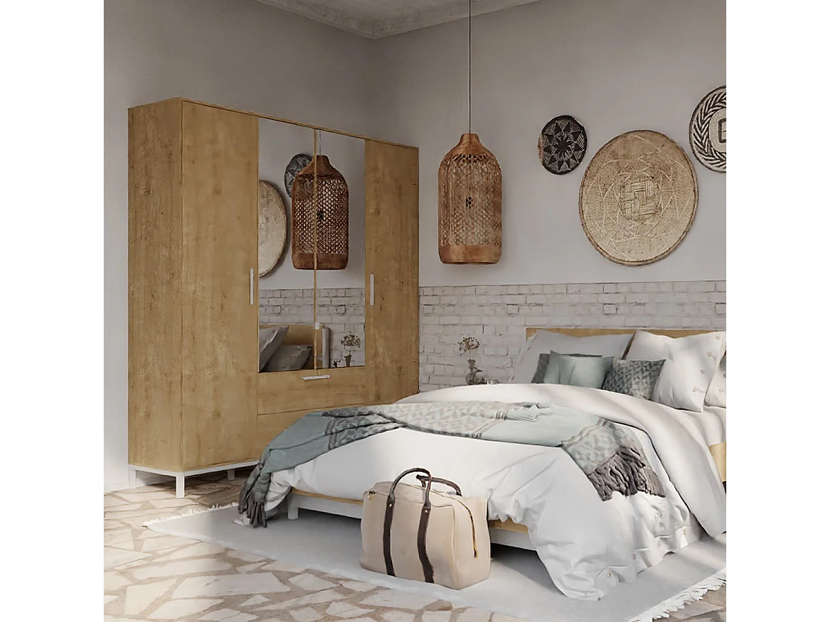 Kleiderschrank 4 Drehtüren, 2 Spiegel und 2 Schubladen Eiche- und Weißdekor matt H220 cm - CRAFT