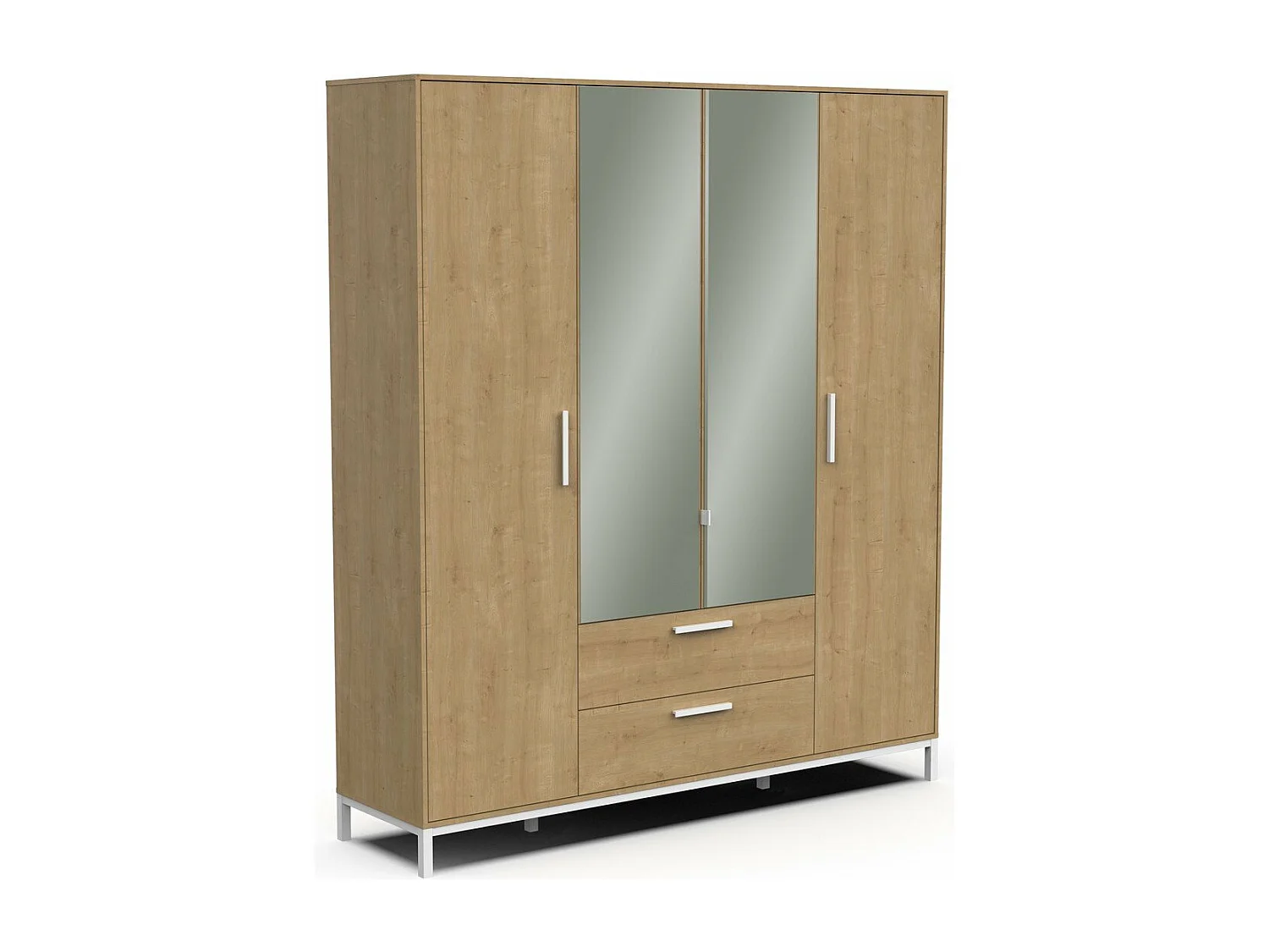 Kleiderschrank 4 Drehtüren, 2 Spiegel und 2 Schubladen Eiche- und Weißdekor matt H220 cm - CRAFT
