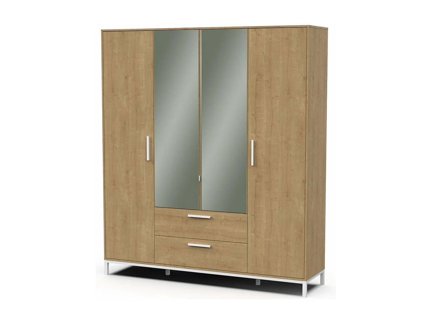 Kleiderschrank 4 Drehtüren, 2 Spiegel und 2 Schubladen Eiche- und Weißdekor matt H220 cm - CRAFT