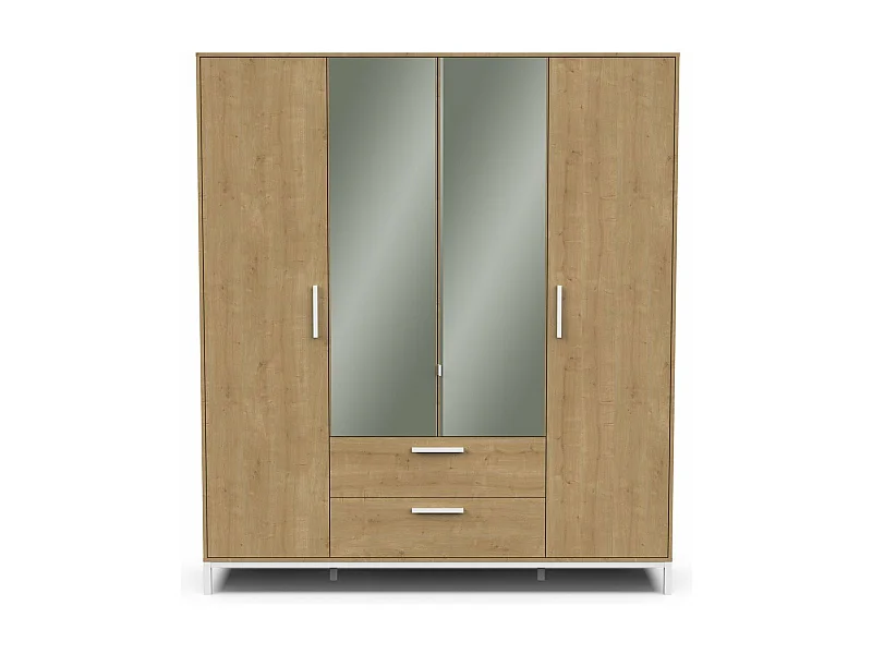 Kleiderschrank 4 Drehtüren, 2 Spiegel und 2 Schubladen Eiche- und Weißdekor matt H220 cm - CRAFT