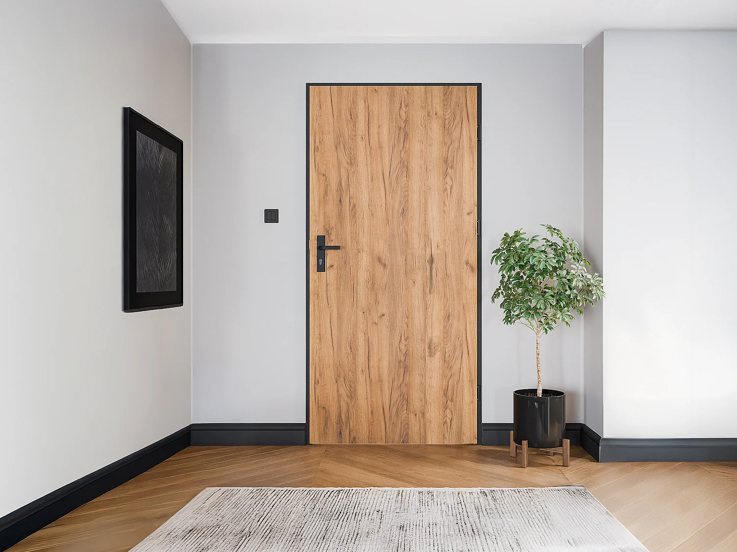 Porte d'entrée en acier pleine et inox H207 x L100 cm effet chêne -  Epaisseur 68 mm - poussant gauche - LUSADA