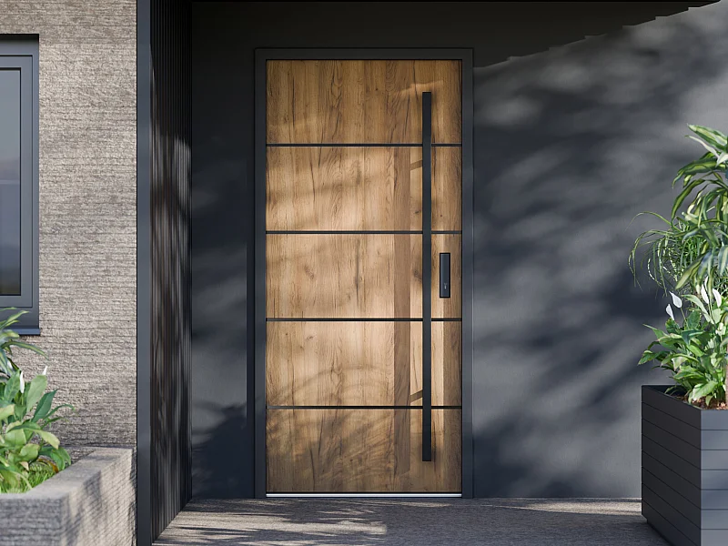 Porte d'entrée en acier pleine et inox H207 x L100 cm effet chêne - poussant gauche - LUSADA