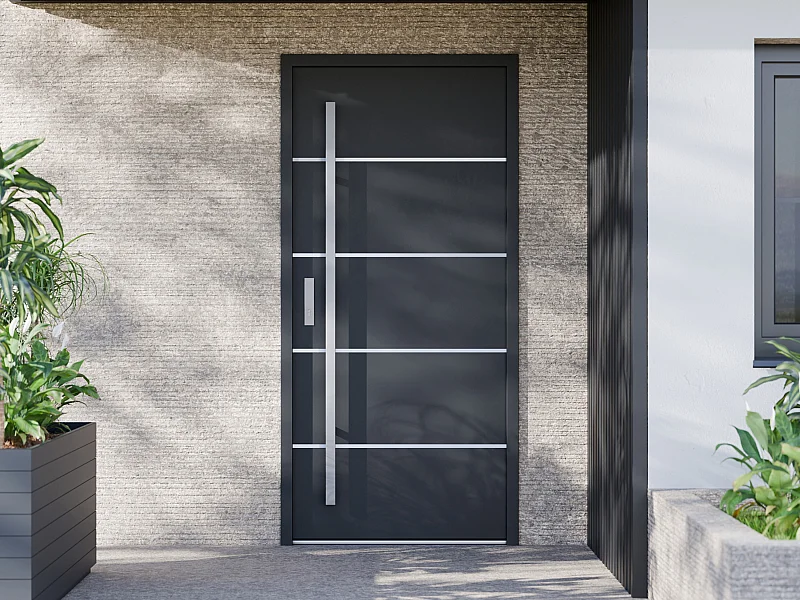 Porte d'entrée en acier pleine et inox H207 x L100 cm anthracite - poussant droit - LUSADA