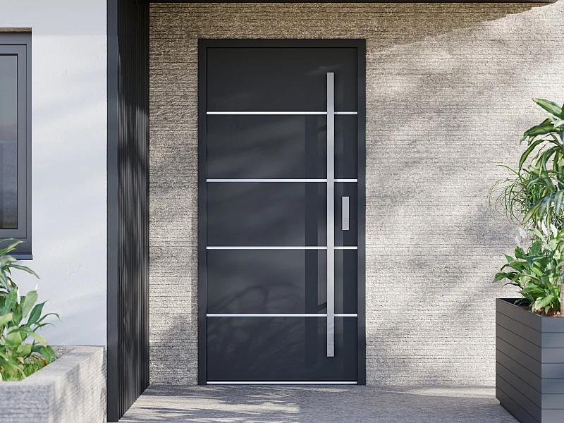 Porte d'entrée en acier pleine et inox H207 x L100 cm anthracite - poussant gauche - LUSADA