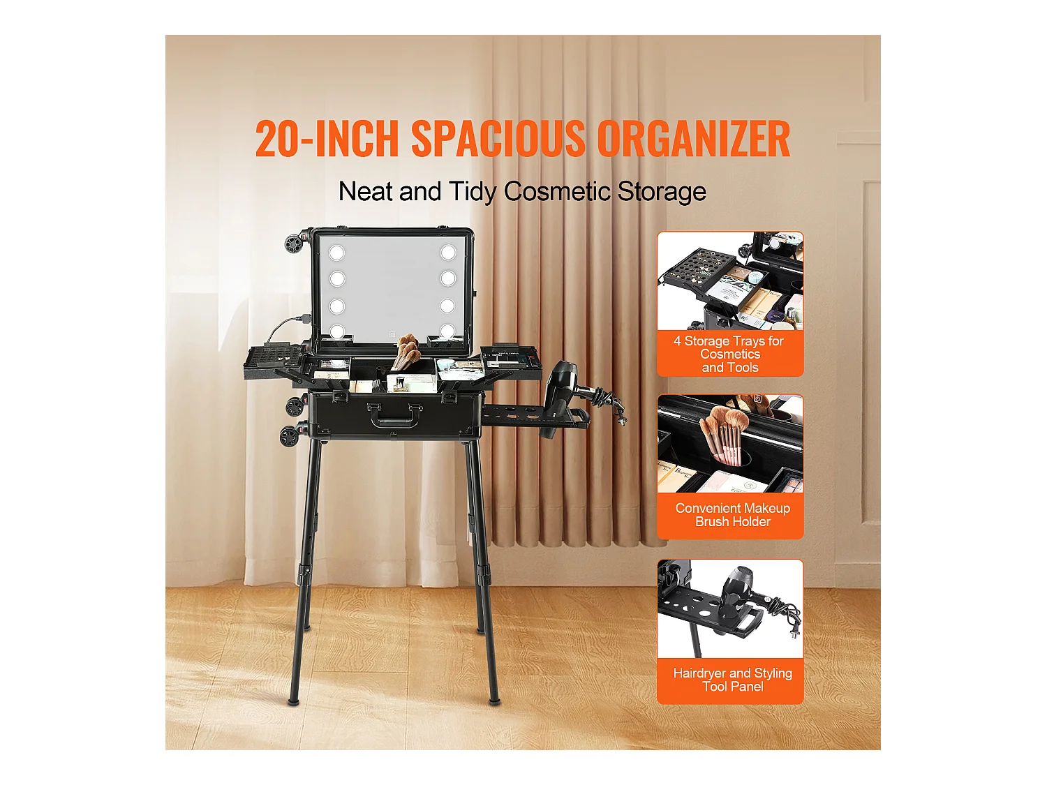 Valija de Maquillaje con Ruedas SucceBuy, Maletín de Maquillaje con Candado, Ruedas Giratorias 360° sobre Pie para Estudio de Artista Profesional