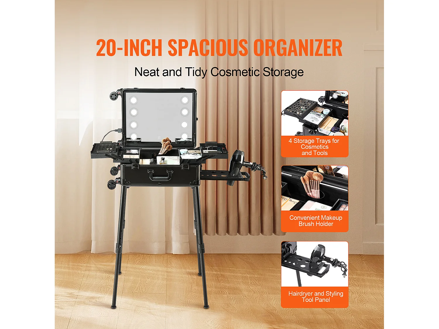 Valise de Maquillage à Roulettes SucceBuy, Mallette de Maquillage avec Serrure, Roulettes Pivotantes 360° sur Pied pour le Studio d’Artiste Professionnel