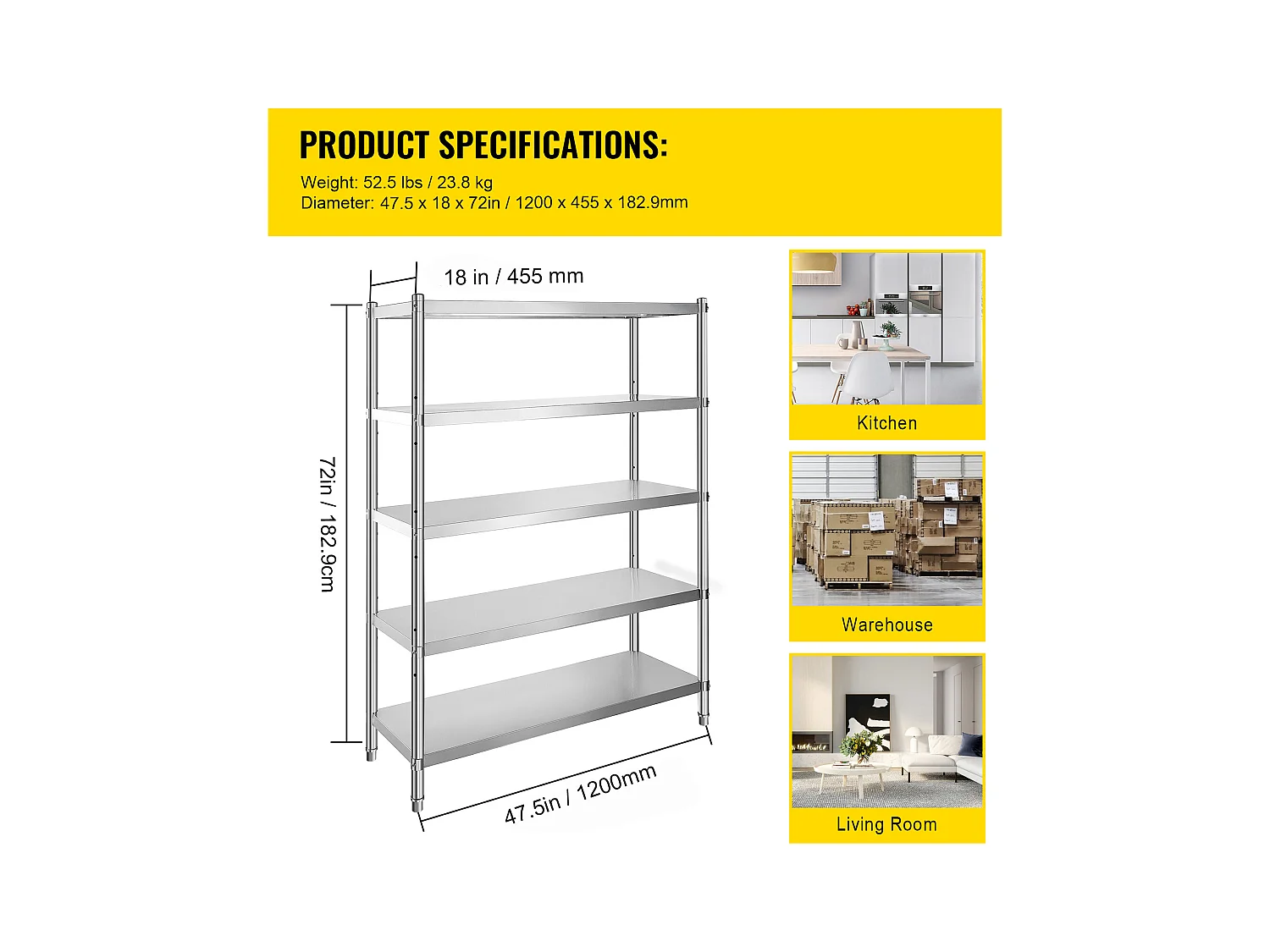 Desserte de Cuisine, Étagère de Cuisine,  Étagère en acier inoxydable à 5 niveaux, étagères de rangement réglables (Étagères de Rangement Réglables)