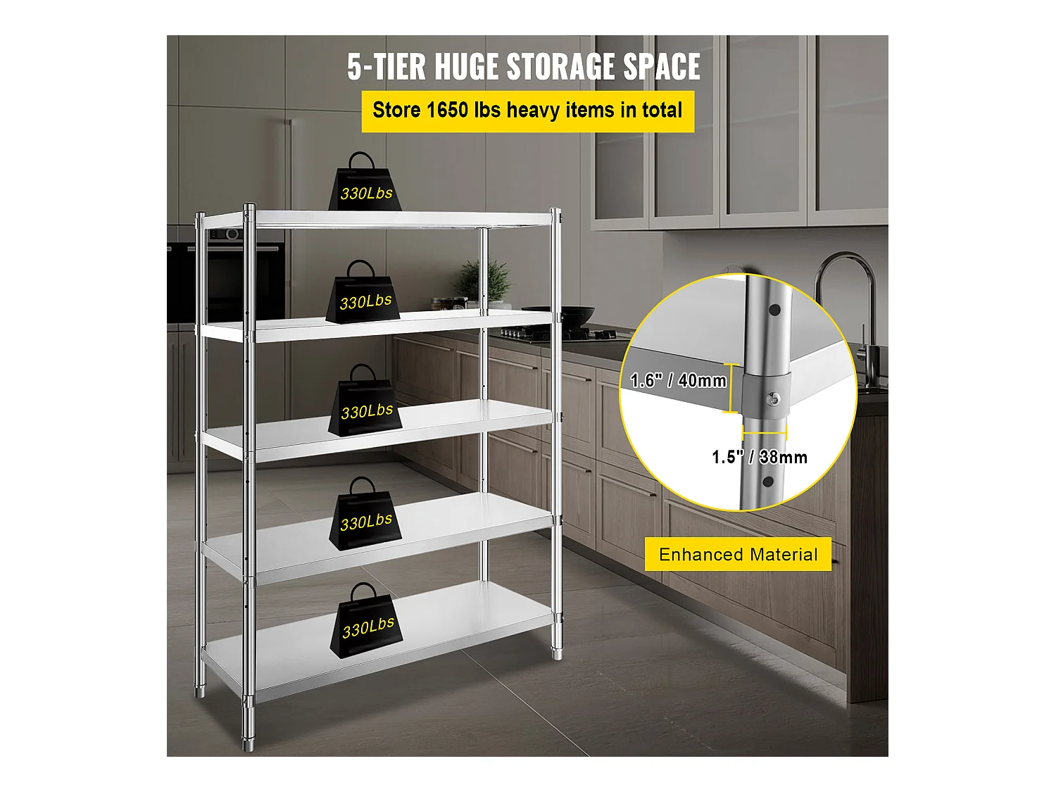 Desserte de Cuisine, Étagère de Cuisine,  Étagère en acier inoxydable à 5 niveaux, étagères de rangement réglables (Étagères de Rangement Réglables)