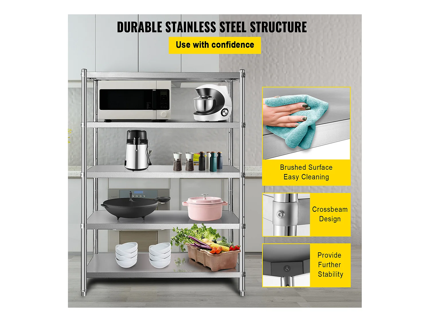 Desserte de Cuisine, Étagère de Cuisine,  Étagère en acier inoxydable à 5 niveaux, étagères de rangement réglables (Étagères de Rangement Réglables)