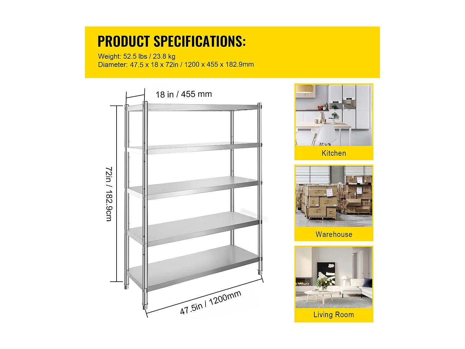 Desserte de Cuisine, Étagère de Cuisine,  Étagère en acier inoxydable à 5 niveaux, étagères de rangement réglables (Étagères de Rangement Réglables)