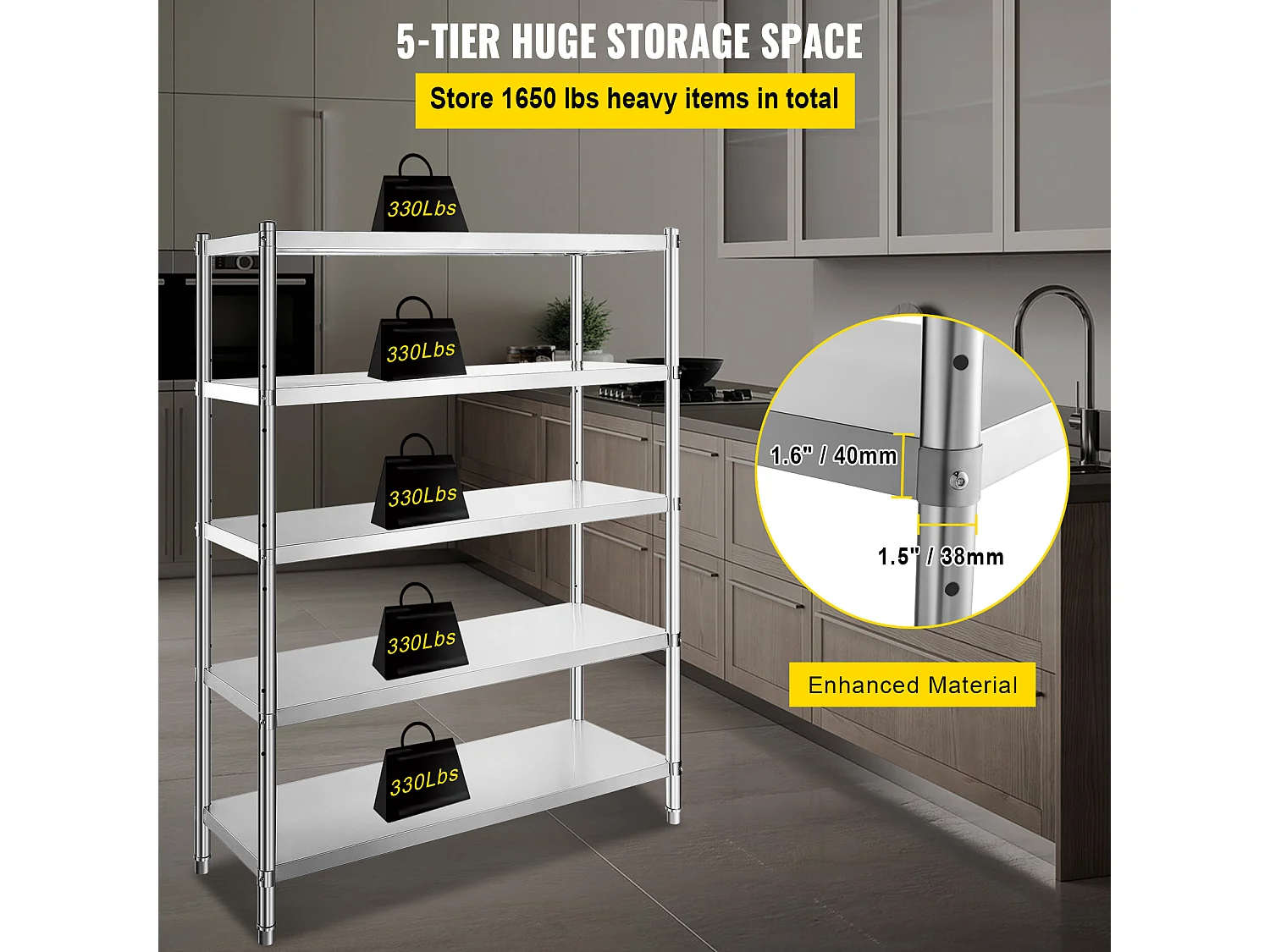 Desserte de Cuisine, Étagère de Cuisine,  Étagère en acier inoxydable à 5 niveaux, étagères de rangement réglables (Étagères de Rangement Réglables)