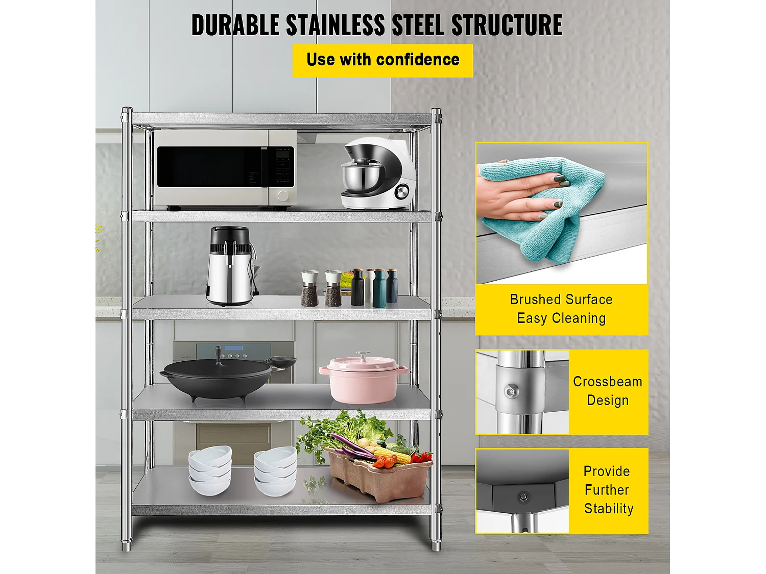 Desserte de Cuisine, Étagère de Cuisine,  Étagère en acier inoxydable à 5 niveaux, étagères de rangement réglables (Étagères de Rangement Réglables)