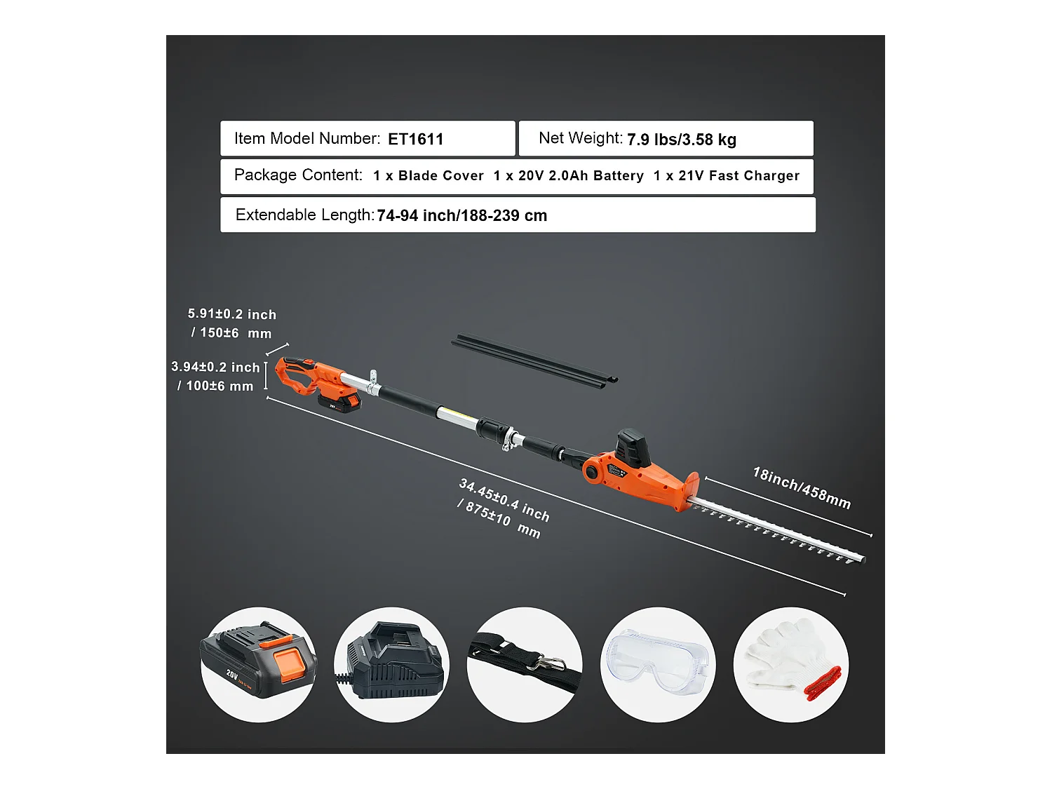 Taille-haie Téléscopique Sans Fil SucceBuy 20 V avec Lame de 18 pouces, Outil de Jardinage Puissant