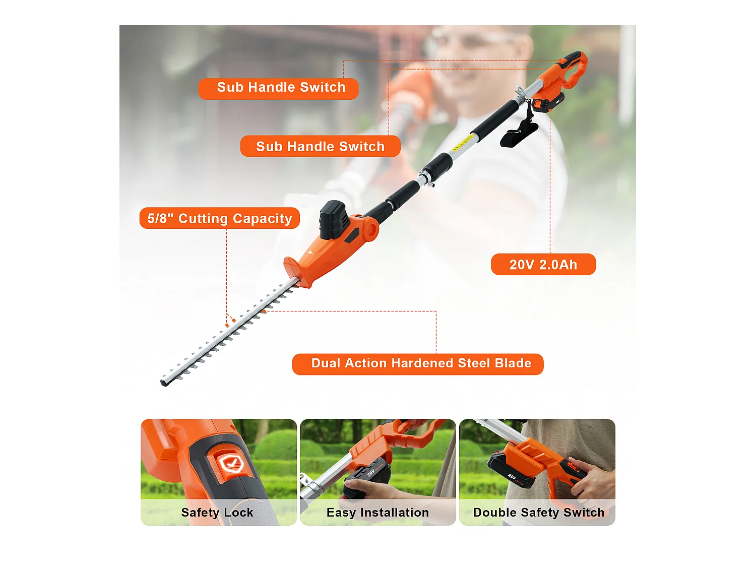 Taille-haie Téléscopique Sans Fil SucceBuy 20 V avec Lame de 18 pouces, Outil de Jardinage Puissant