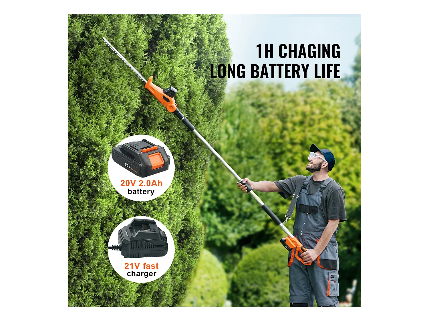 Taille-haie Téléscopique Sans Fil SucceBuy 20 V avec Lame de 18 pouces, Outil de Jardinage Puissant