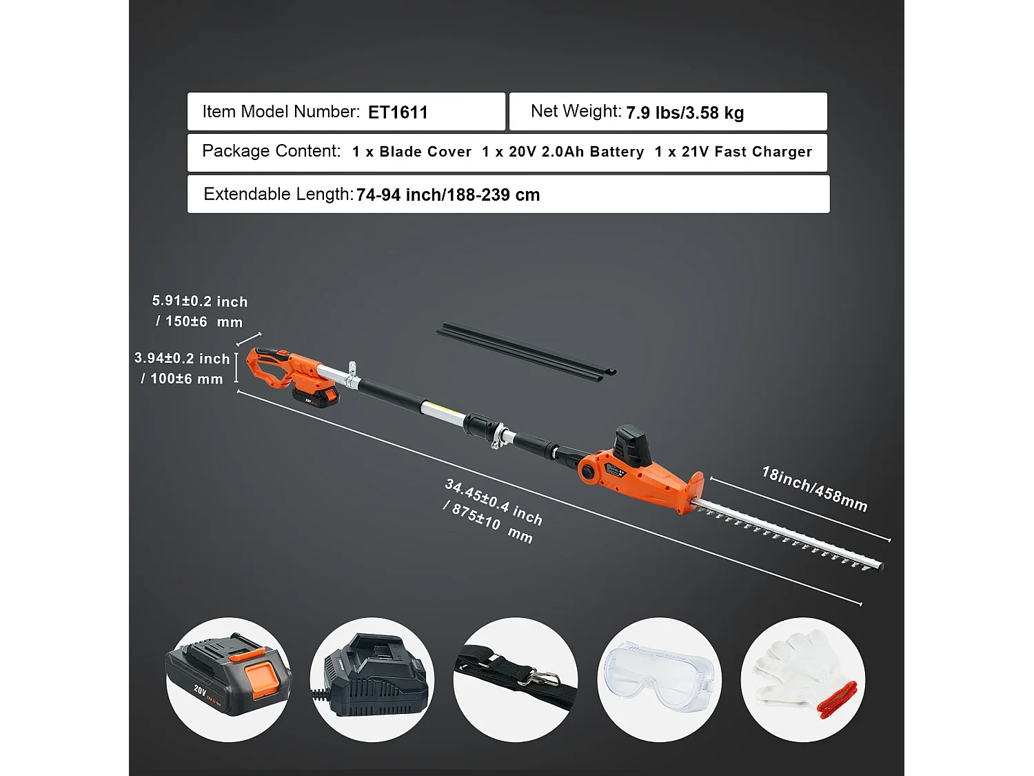 Taille-haie Téléscopique Sans Fil SucceBuy 20 V avec Lame de 18 pouces, Outil de Jardinage Puissant