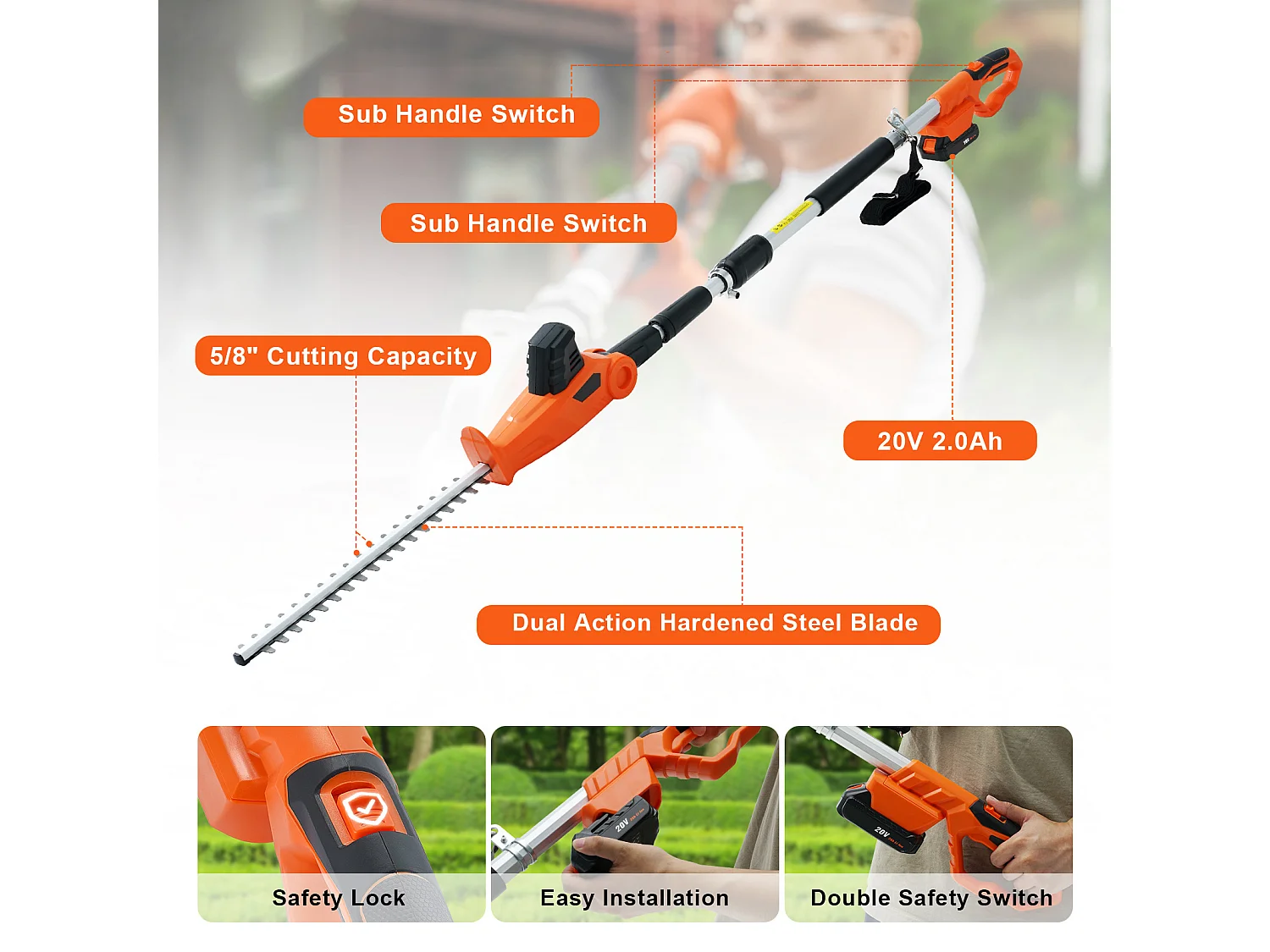 Taille-haie Téléscopique Sans Fil SucceBuy 20 V avec Lame de 18 pouces, Outil de Jardinage Puissant