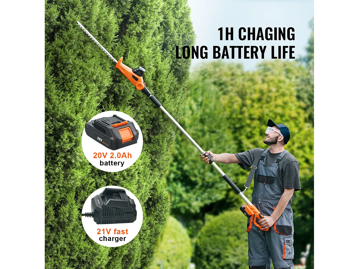 Taille-haie Téléscopique Sans Fil SucceBuy 20 V avec Lame de 18 pouces, Outil de Jardinage Puissant