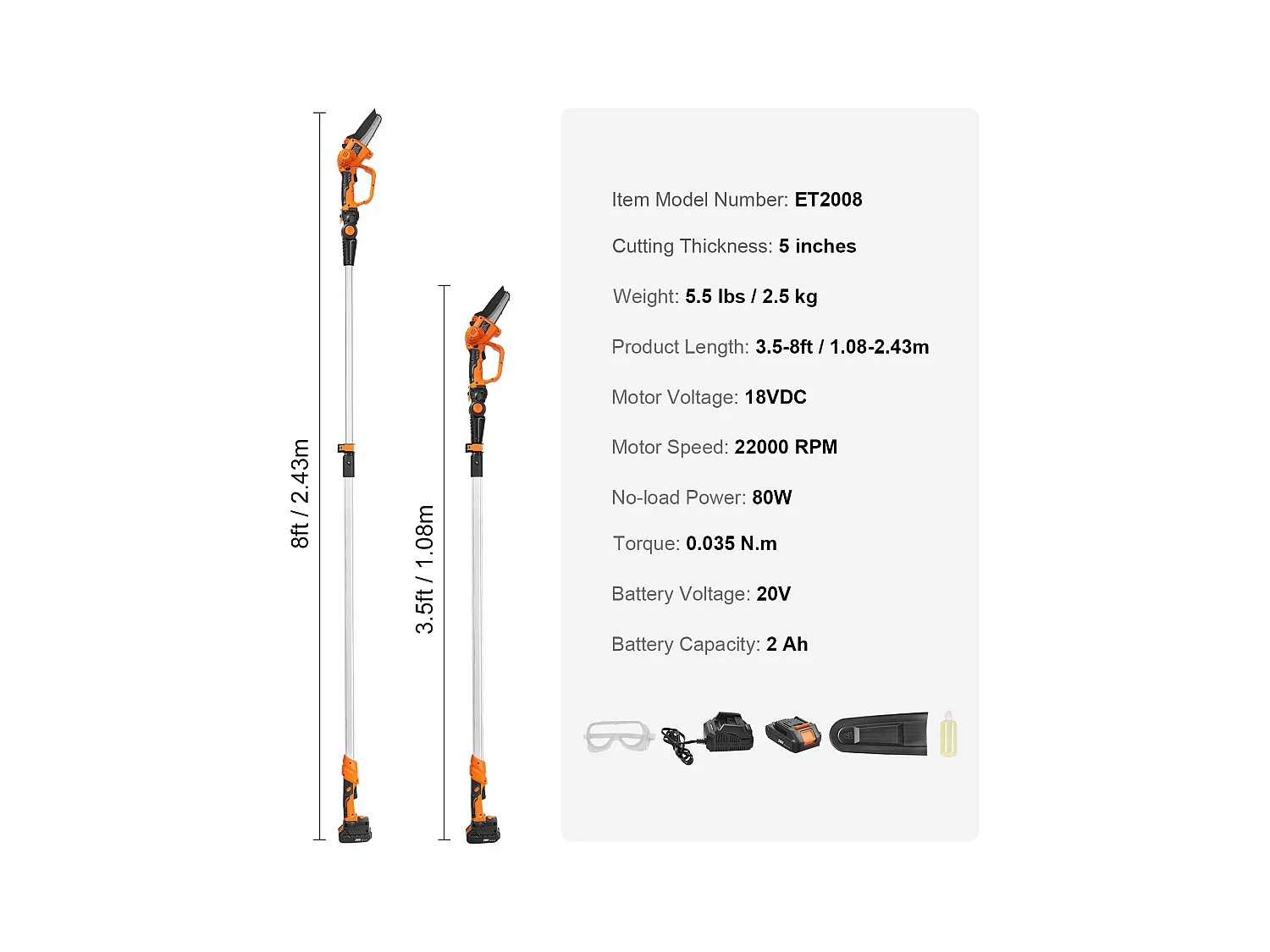 Scie à Perche Sans Fil 2-en-1 SucceBuy, 20V 2Ah Battery, avec Batterie et Couvercle Lame pour Couper Branches Arbres