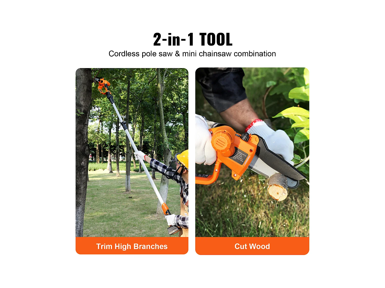 Scie à Perche Sans Fil 2-en-1 SucceBuy, 20V 2Ah Battery, avec Batterie et Couvercle Lame pour Couper Branches Arbres