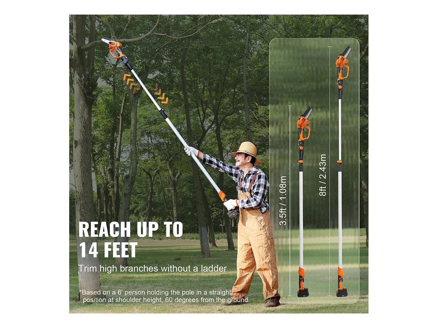 Scie à Perche Sans Fil 2-en-1 SucceBuy, 20V 2Ah Battery, avec Batterie et Couvercle Lame pour Couper Branches Arbres