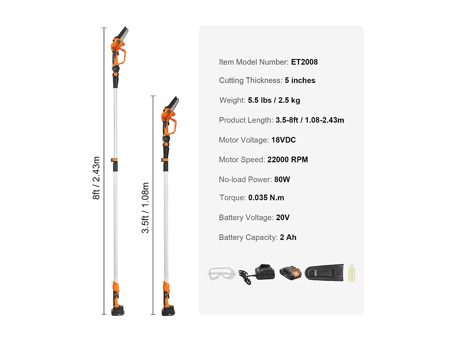 Scie à Perche Sans Fil 2-en-1 SucceBuy, 20V 2Ah Battery, avec Batterie et Couvercle Lame pour Couper Branches Arbres