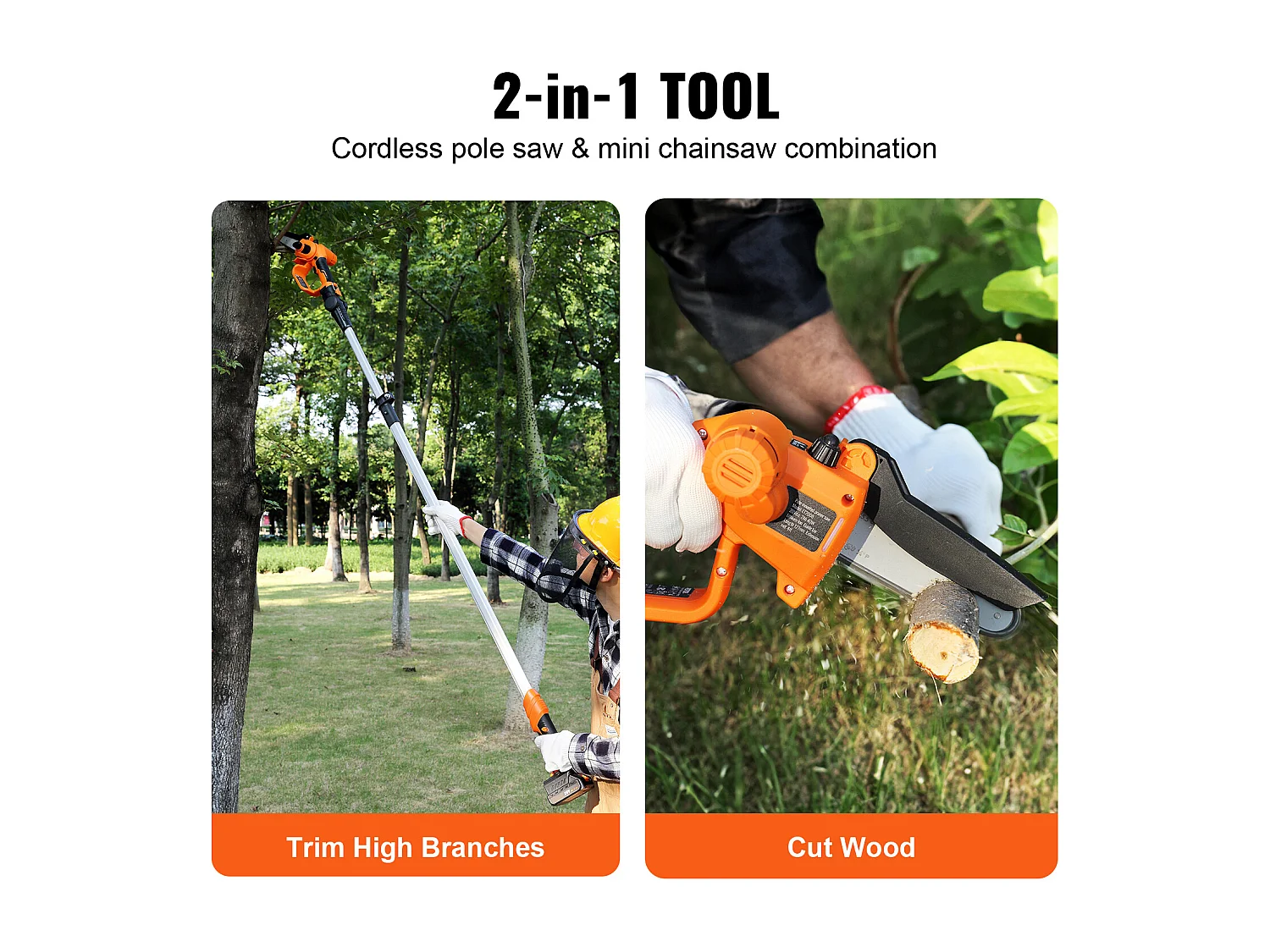 Scie à Perche Sans Fil 2-en-1 SucceBuy, 20V 2Ah Battery, avec Batterie et Couvercle Lame pour Couper Branches Arbres