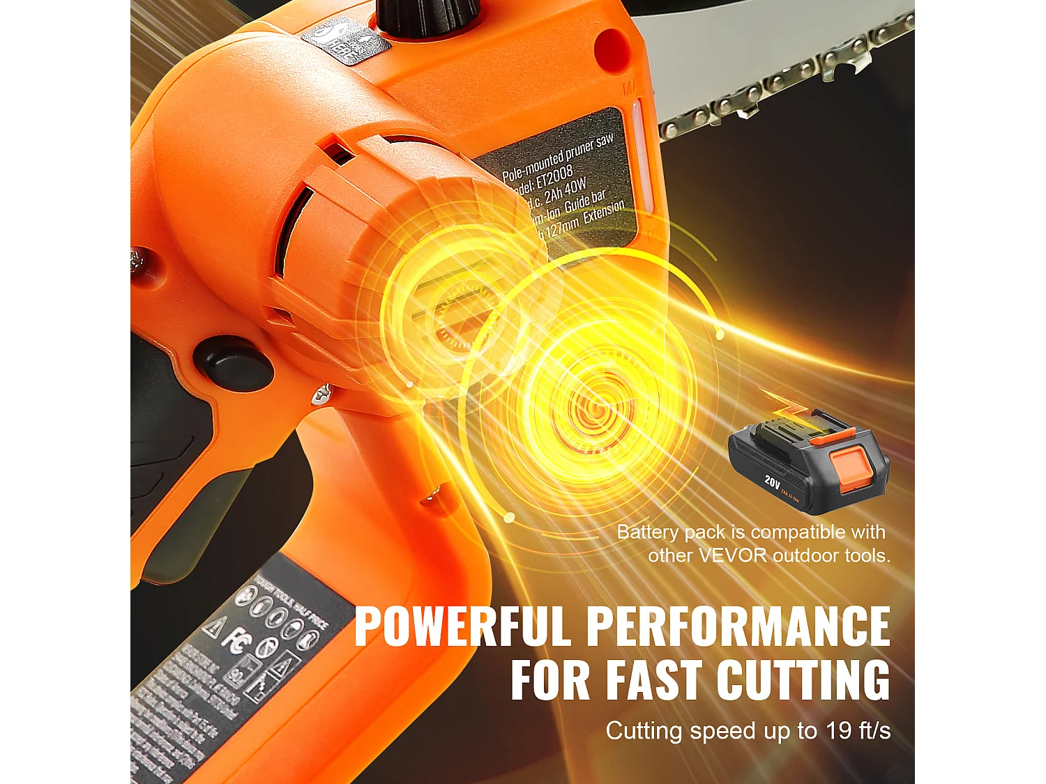 Scie à Perche Sans Fil 2-en-1 SucceBuy, 20V 2Ah Battery, avec Batterie et Couvercle Lame pour Couper Branches Arbres