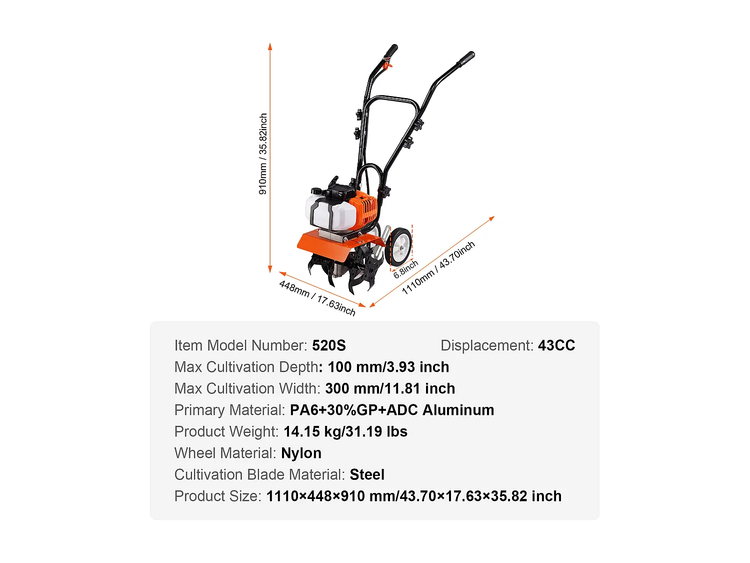 Motoculteur à Essence SucceBuy 43CC pour Pelouse et Jardin