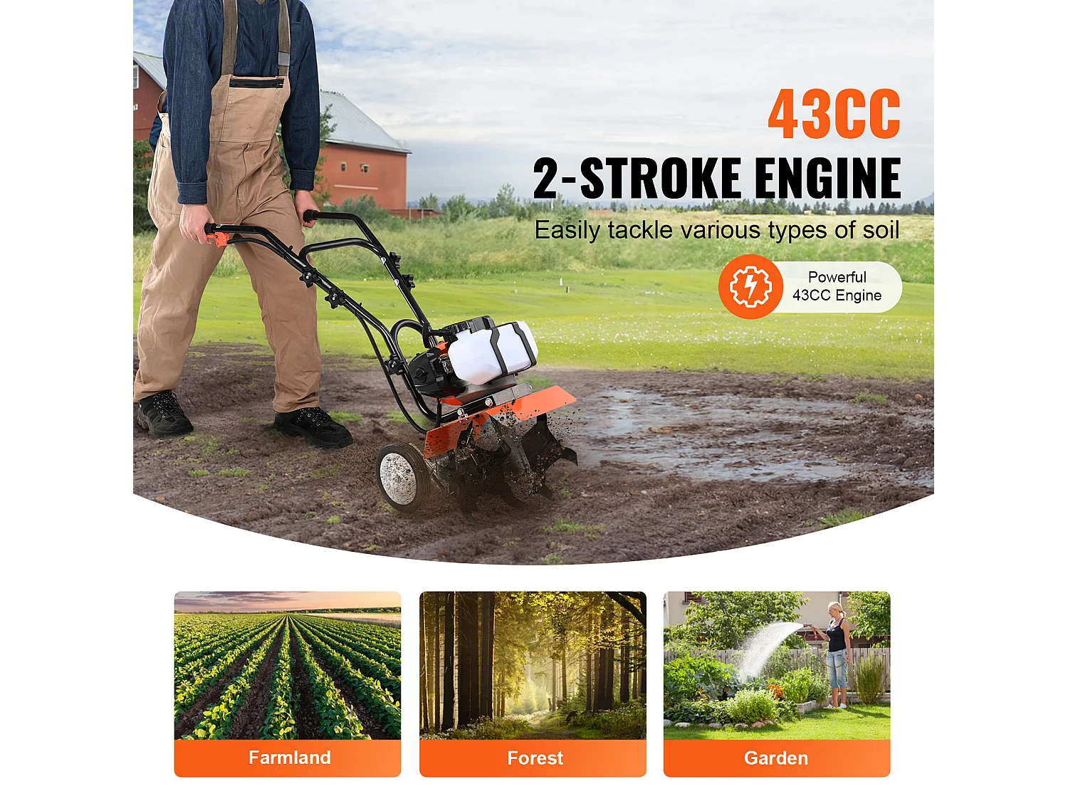 Motoculteur à Essence SucceBuy 43CC pour Pelouse et Jardin