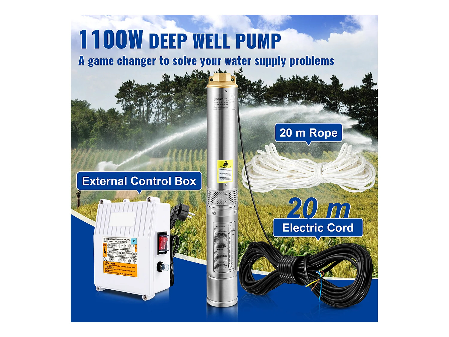 Pompa Sommersa per Pozzi Profondi SucceBuy, 1100W, in Acciaio Inossidabile, 190L/min, 57 m