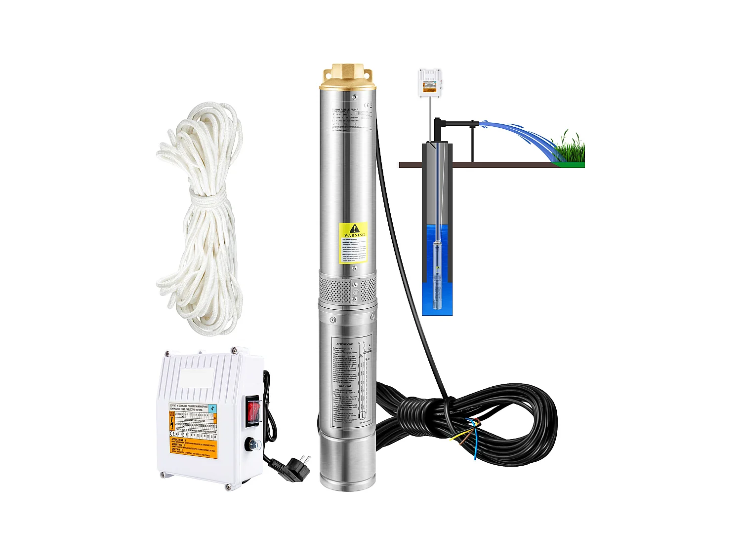 Pompe Submersible pour Puits Profonds SucceBuy, Acier Inoxydable, 370 W, 110 l/min, 44 m
