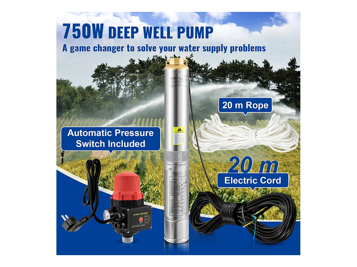 Pompe Submersible pour Forages Profonds SucceBuy, Acier Inoxydable, 750 W, 105 L/min, pour la Maison et l’Irrigation Industrielle