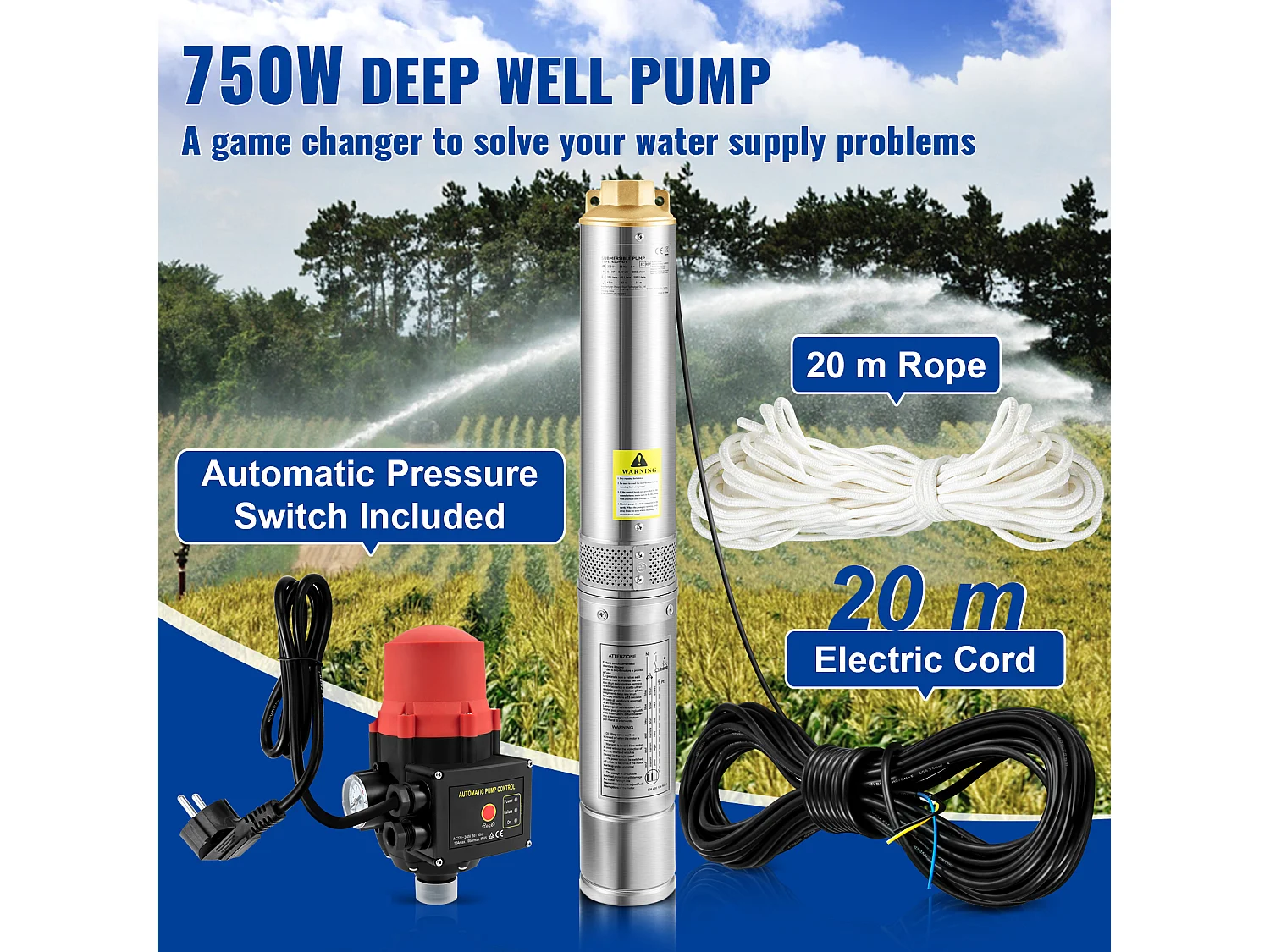 Pompe Submersible pour Forages Profonds SucceBuy, Acier Inoxydable, 750 W, 105 L/min, pour la Maison et l’Irrigation Industrielle