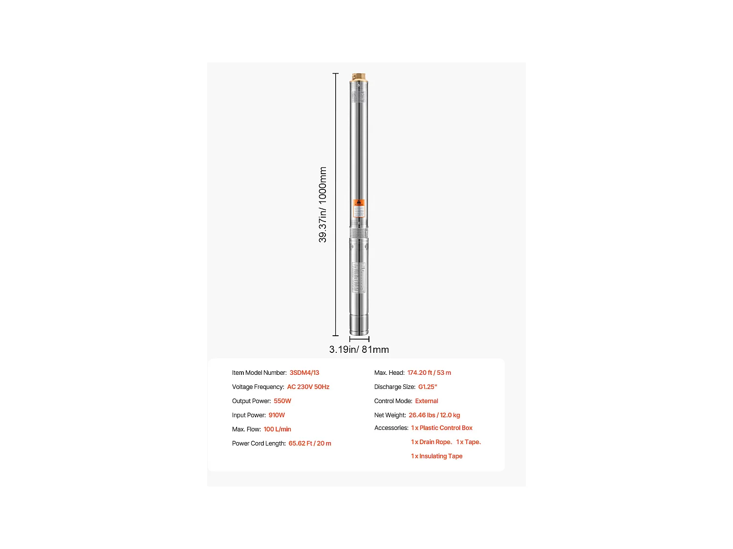 Pompe pour Puits Profonds SucceBuy, Acier Inoxydable, 550 W, 53 m, 100 l/min