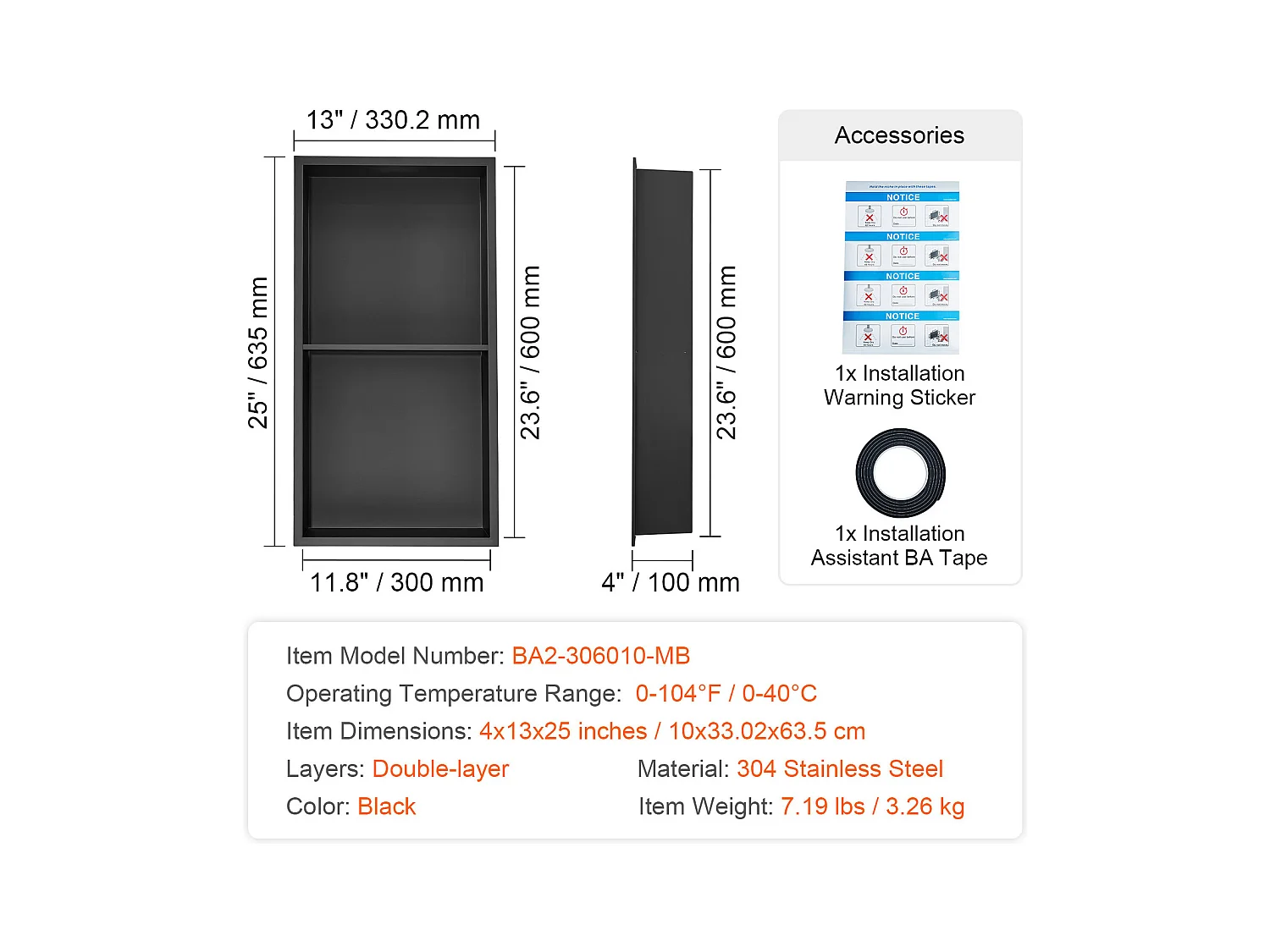 Niche de Douche Encastrable, Niche de Douche en Acier Inoxydable SucceBuy 33 x 63,5 cm Avec étagère Double à Insérer Au Mur