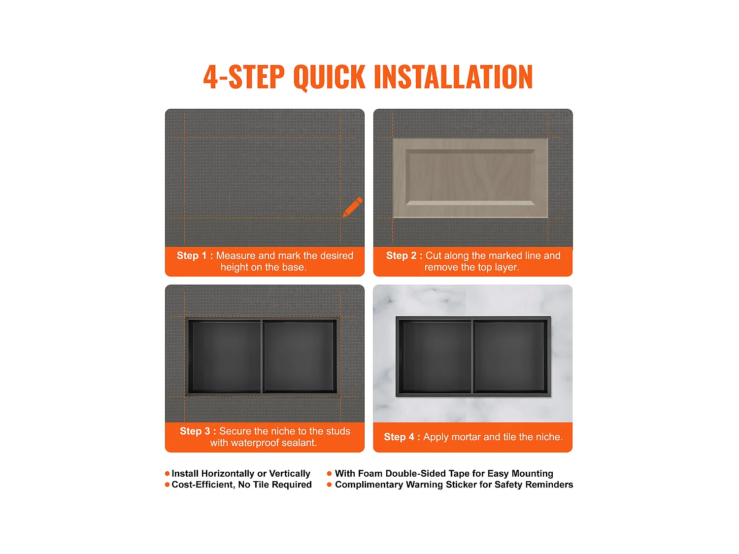 Niche de Douche Encastrable, Niche de Douche en Acier Inoxydable SucceBuy 33 x 63,5 cm Avec étagère Double à Insérer Au Mur