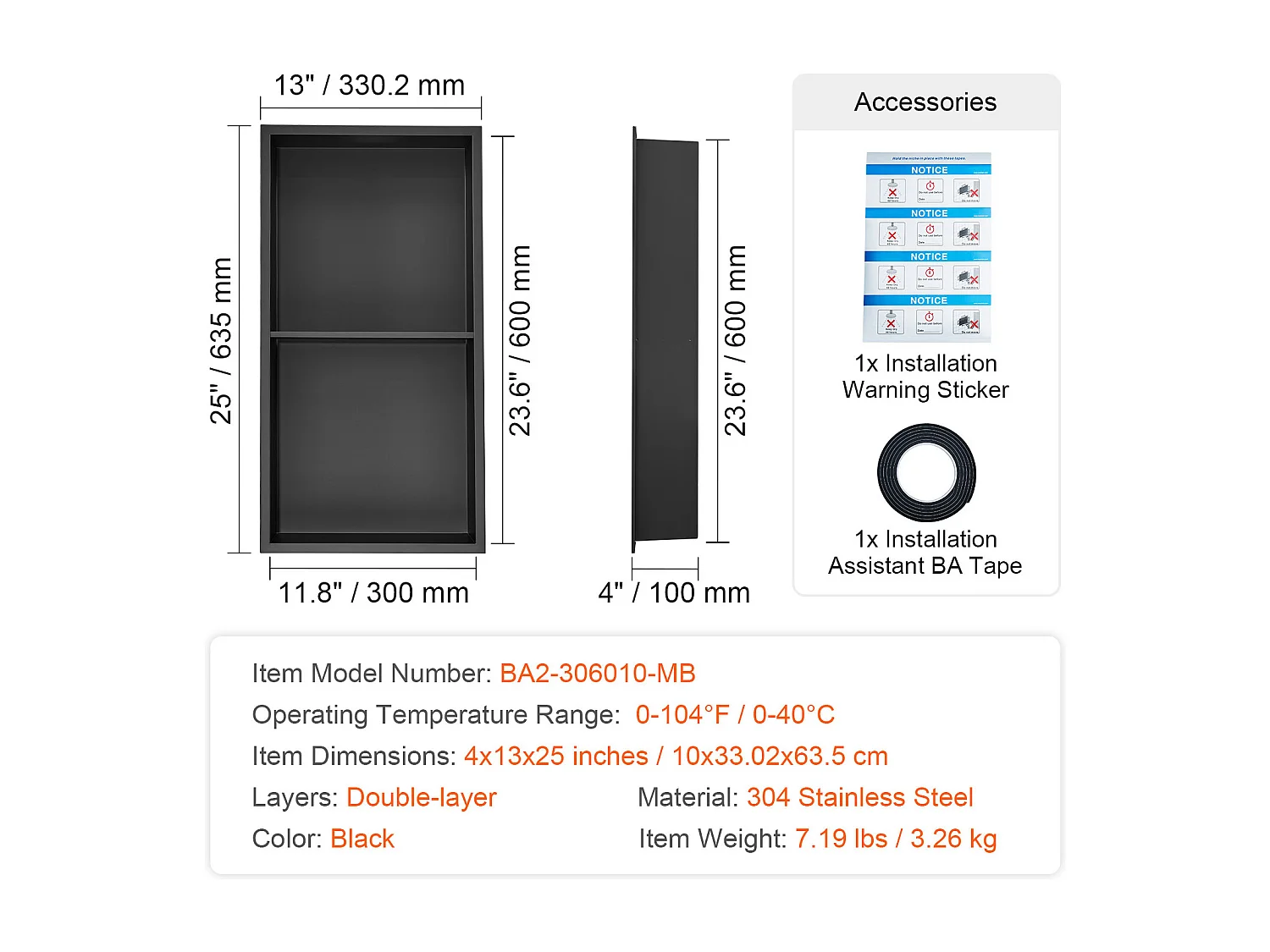 Niche de Douche Encastrable, Niche de Douche en Acier Inoxydable SucceBuy 33 x 63,5 cm Avec étagère Double à Insérer Au Mur