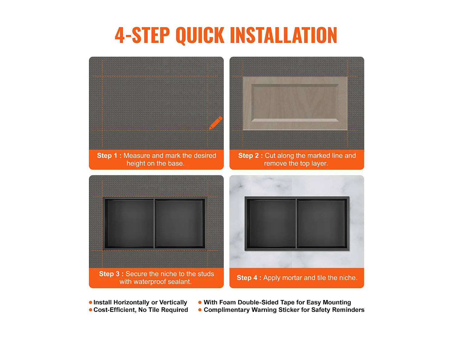 Niche de Douche Encastrable, Niche de Douche en Acier Inoxydable SucceBuy 33 x 63,5 cm Avec étagère Double à Insérer Au Mur