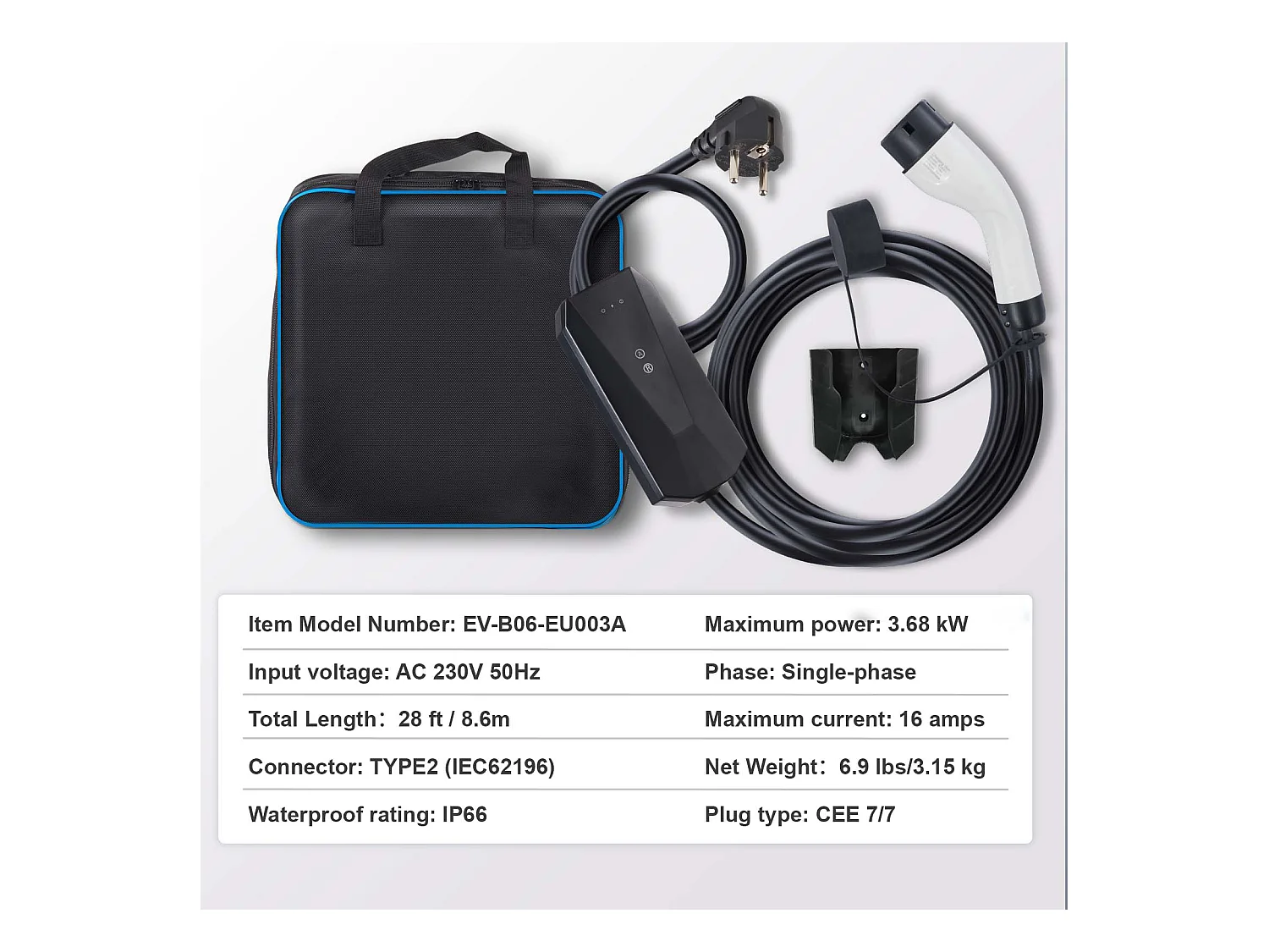 Chargeur Portable SucceBuy pour Véhicule Électrique (VE), Type 2, Prise CEE 7/7, 16A, 220-240V, Câble de Charge pour VE