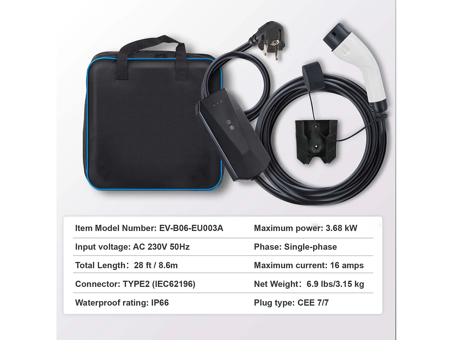 Chargeur Portable SucceBuy pour Véhicule Électrique (VE), Type 2, Prise CEE 7/7, 16A, 220-240V, Câble de Charge pour VE